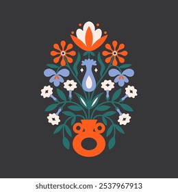 Folk floral symmetrical arrangement. Traditional slavic scandinavian ornament with rustic embroidery motifs. Clean flat minimal geometric shapes in unique reflected elegant print.