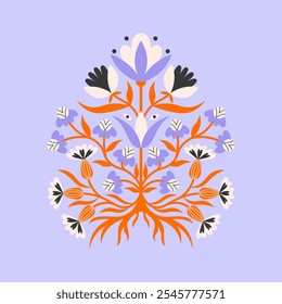 Folk floral symmetrical arrangement. Traditional slavic scandinavian ornament with rustic embroidery motifs. Clean flat minimal geometric shapes in unique reflected elegant print.