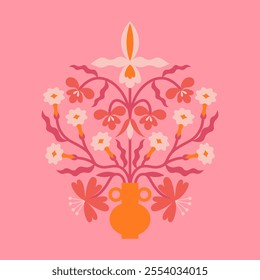 Folk floral symmetrical arrangement. Traditional slavic scandinavian ornament with rustic embroidery motifs. Clean flat minimal geometric shapes in unique reflected elegant print.