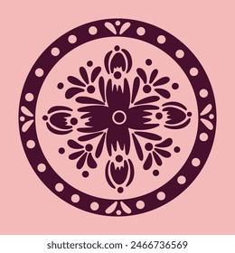 Folk floral vector illustration design elements for invitation, branding, different types of pink square ceramic tiles with colorful plants and flower ornament, traditional art, mandala