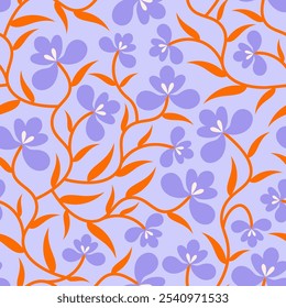 Folk floral viola seamless pattern. Traditional slavic scandinavian ornament with rustic embroidery pansy motifs. Clean flat minimal geometric shapes in unique reflected elegant print.