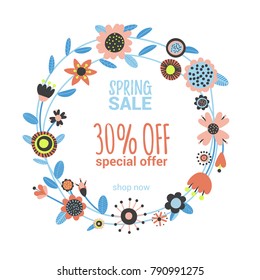 Folk floral wreath ornament. Pattern background. Folk art flowers. Bouquet of flowers and leaves. Scandinavian nordic print design. Flat cartoon clipart. Vector illustration for spring or summer event