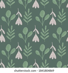 Folk flower and branches silhouettes seamless doodle pattern. Vintage pale print in green colors. Stock illustration. Vector design for textile, fabric, giftwrap, wallpapers.