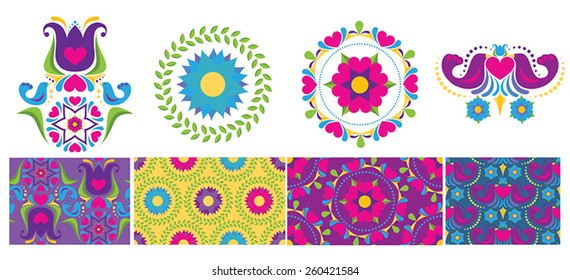 Folk flower inspired elements and seamless patterns.  Features four seamless patterns in bright colors with flowers, birds, and hearts.