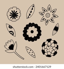 Folk Flower and Leaf. Minimal Hand Drawn Line Graphic. Modern Stylized Vector Illustration