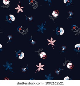 Folk Flower pattern in the many kind of flowers.Botanical . Seamless vector texture. Elegant template for fashion prints. Printing with in hand drawn style on navy blue background.