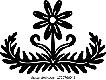 Flor popular com flor de pétala e ramos folhosos em silhueta de negrito. Símbolo de herança, natureza, tradição e charme rústico para artesanato e decoração. Ilustração de vetor de desenhos animados.
