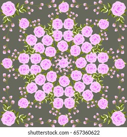 Folk flower of rose square composition. Country style millefleurs. Floral meadow enchanting background for scarf print, textile, covers, surface, scrapbooking, decoupage. Bandana, shawl, pareo design.