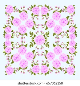 Folk flower of rose square composition. Country style millefleurs. Floral meadow enchanting background for scarf print, textile, covers, surface, scrapbooking, decoupage. Bandana, shawl, pareo design.