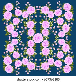 Folk flower of rose square composition. Country style millefleurs. Floral meadow enchanting background for scarf print, textile, covers, surface, scrapbooking, decoupage. Bandana, shawl, pareo design.