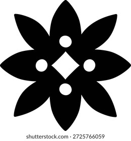 Roseta de flores de Folk con seis pétalos, tres puntos y centro de diamante, dispuestos en perfecta simetría. Símbolo de herencia, armonía y equilibrio para el arte, el patrón y la marca. Ilustración vectorial de dibujos animados.