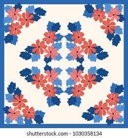 Folk flower square composition. Country style millefleurs. Floral meadow enchanting background for scarf print, textile, covers, surface, scrapbooking, decoupage. Bandana design.