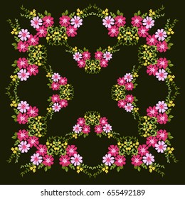 Folk flower square composition. Country style millefleurs. Floral meadow enchanting background for scarf print, textile, covers, surface, scrapbooking, decoupage. Bandana, shawl, pareo design.