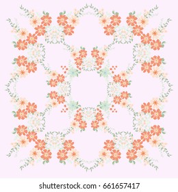 Folk flower square composition. Country style millefleurs. Floral meadow enchanting background for scarf print, textile, covers, surface, scrapbooking, decoupage. Bandana design.