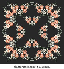Folk flower square composition. Country style millefleurs. Floral meadow enchanting background for scarf print, textile, covers, surface, scrapbooking, decoupage. Bandana design.