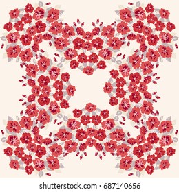 Folk flower square composition. Country style millefleurs. Floral meadow enchanting background for scarf print, textile, covers, surface, scrapbooking, decoupage. Bandana design.