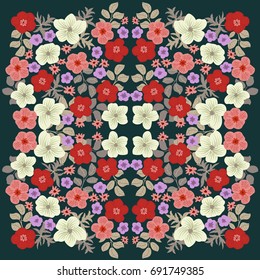 Folk flower square composition. Country style millefleurs. Floral meadow enchanting background for scarf print, textile, covers, surface, scrapbooking, decoupage. Bandana design.