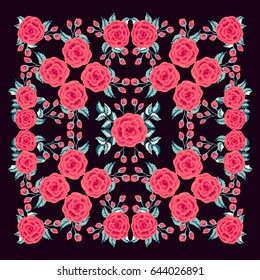 Folk flower square composition in rose. Country style millefleurs. Floral trendy enchanting background for scarf print, textile, covers, surface, scrapbooking, decoupage. Bandana, shawl design.