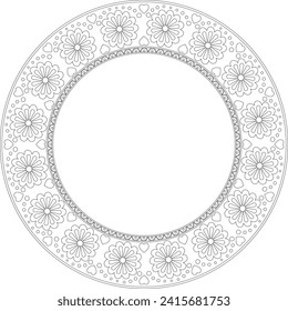 Folk flowers art style round frame. Black linear flat illustration. Use for copy space, invitations,greetings,holiday events, coloring page, embroidery template 