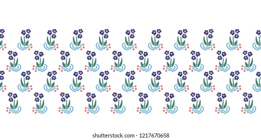 Folk flowers border seamless vector repeat. Scattered florals repeating bordure. Small blue flowers on white. Scandinavian style. For fabric, girl, nursery, wallpaper, baby shower, wedding invitation