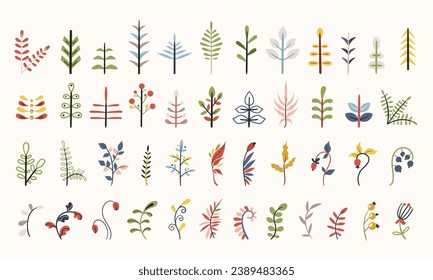 Folk flowers clip arts vector set in Scandinavian or Nordic style, hygge plants isolated designs on white. Collection of classic ethnic florals. scandi folk naive motifs in blue and red colors