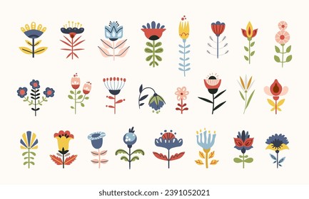 Folk flowers clip arts vector set in Scandinavian and Nordic style, hygge florals isolated designs on white. Collection of classic ethnic elements. Funny scandi folkloric botanical motifs bundle