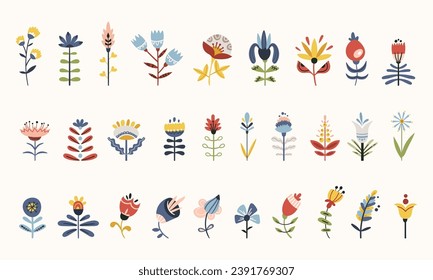 Folk flowers clip arts vector set in Scandinavian and Nordic style, hygge florals isolated designs on white. Collection of classic ethnic elements. Funny scandi folkloric botanical motifs bundle