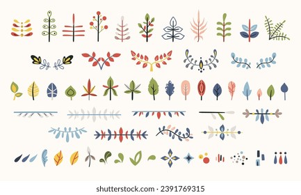 Folk flowers clip arts vector set in Scandinavian and Nordic style, hygge florals isolated designs on white. Collection of classic ethnic elements. Funny scandi folkloric botanical motifs bundle