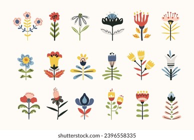 Folk flowers clip arts vector set in Scandinavian and Nordic style, hygge florals isolated designs on white. Collection of classic ethnic elements. Funny scandi folkloric botanical motifs bundle