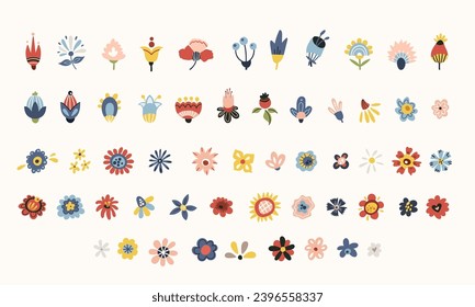 Folk flowers clip arts vector set in Scandinavian and Nordic style, hygge florals isolated designs on white. Collection of classic ethnic elements. Funny scandi folkloric botanical motifs bundle