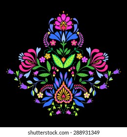 folk flowers, decorative symmetric vector floral illustration. beautiful naive cut out elements and ornaments in Polish style bouquet. 