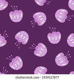 Folk flowers doodle seamless pattern with random lilac folk flowers ornament. Purple background. Designed for fabric design, textile print, wrapping, cover. Vector illustration.