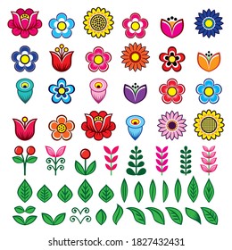 Folk flowers and leaves big vector design set, floral retro graphic elements inspired by Polish folk embroidery patterns. Perfect for fabric prints or greeting cards

 