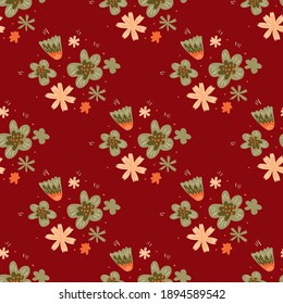 Folk flowers ornament seamless doodle pattern in hand drawn style with maroon background. Stock illustration. Vector design for textile, fabric, giftwrap, wallpapers.