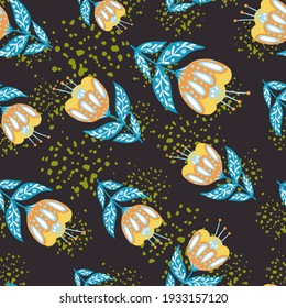Folk flowers seamless doodle pattern with random yellow floral ornament. Dark navy blue background with splashes. Designed for fabric design, textile print, wrapping, cover. Vector illustration.