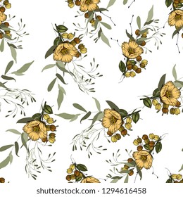 Folk flowers. Seamless floral pattern with wild flowers and tropic leaves. Modern botanical background. Wallpaper. Hand drawn. Vector illustration