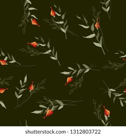 Folk flowers. Seamless floral pattern of roses. Modern botanical background. Hand drawn vector illustration