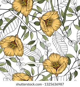 Folk flowers. Seamless floral pattern. Modern botanical background. Hand drawn vector illustration