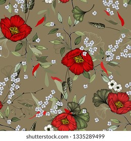 Folk flowers. Seamless floral pattern. Modern botanical background. Hand drawn vector illustration