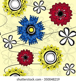 Folk flowers seamless pattern. Stylized wild flowers background. Wildflowers wallpaper. Wallpaper with stylized flowers. Poppy flowers, bluebonnets, sunflowers, and gypsophila. Colorful variant.