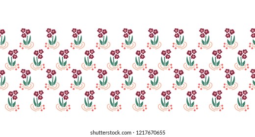 Folk flowers seamless vector seamless border. Scattered florals repeat pattern. Small pink flowers on white. Scandinavian style. For fabric, girl, nursery, wallpaper, baby shower, wedding invitation