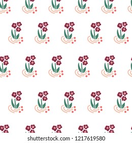 Folk flowers seamless vector repeating background. Scattered florals pattern. Small pink flowers on white. Scandinavian style. For fabric, girl, nursery, page fills, packaging, digital paper, card