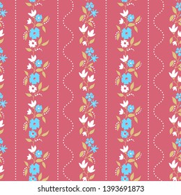 Folk flowers seamless vector repeating background pink an beige. Small florals pattern. Dirnd, Trachtenstoff, Tracht