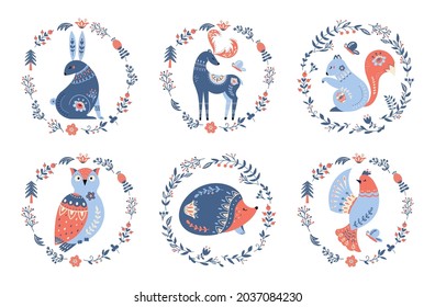 Folk forest vector animals with flowers. Scandinavian floral wreath. Nordic ornament. Folklore deer, bird, fox,rabbit. Danish style. Isolated on white background. 
