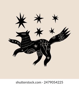 Folk fox illustration, ornate abstract isolated animal folktale concept. Scandinavian rustic slavic linocut style decorative element. Vector running beast silhouette design clipart