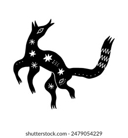 Folk fox illustration, ornate abstract isolated animal folktale concept. Scandinavian rustic slavic linocut style decorative element. Vector running beast silhouette design clipart