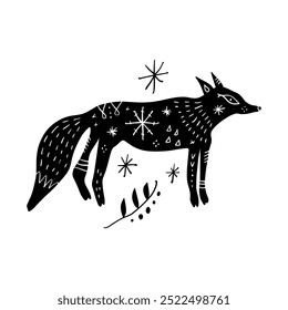 Folk fox illustration, ornate abstract isolated animal folktale concept. Scandinavian rustic slavic linocut style decorative element. Vector running beast silhouette design clipart