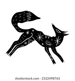 Folk fox illustration, ornate abstract isolated animal folktale concept. Scandinavian rustic slavic linocut style decorative element. Vector running beast silhouette design clipart