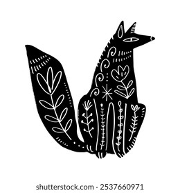 Folk fox illustration, ornate abstract isolated animal folktale concept. Scandinavian rustic slavic linocut style decorative element. Vector running beast silhouette design clipart