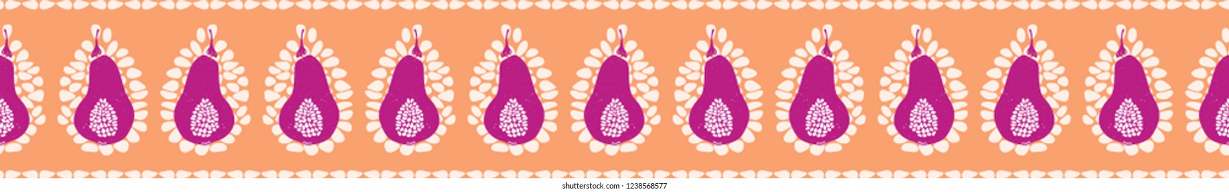 Folk Fruit Pear Seamless Vector Border Illustration. Drawn  Ribbon Edging in Blockprint Style. Colorful Hand Painted Healthy Summer Food for Market Stall Decor, Blog Icon, Kitchen Garden Packaging.